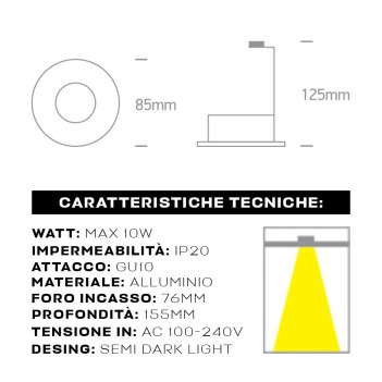 Recessed spotlight holder with GU10 IP20 socket with 76 mm hole SEMI TRIMLESS SERIES colour White