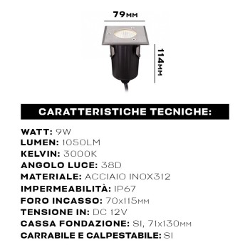 Square Hole 70mm INOX316 recessed walkway and driveway light 9W 1050lm 12V waterproof IP67 - Square Hole 70mm