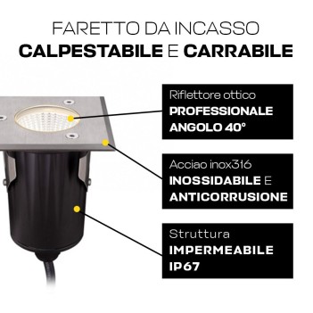 Segnapasso da incasso INOX316 calpestabile e carrabile 5W 550lm 12V impermeabile IP67 - Quadrato Foro 57mm