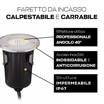 Segnapasso da incasso INOX316 calpestabile e carrabile 5W 550lm 12V impermeabile IP67 - Quadrato Foro 57mm