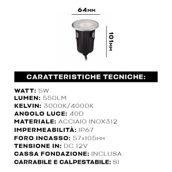 Round Hole 57mm INOX316 recessed walkway and driveway light 5W 550lm 12V waterproof IP67 - Square Hole 57mm