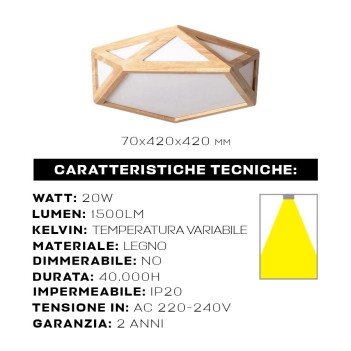 Plafoniera Led in legno 20W 1500 lm Dual White CCT - Design poligonale