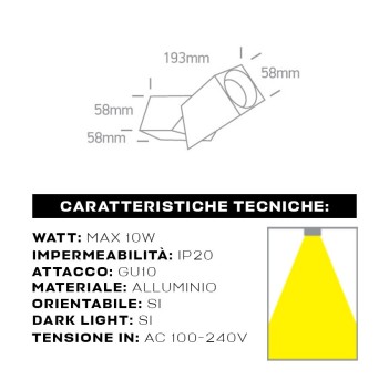 Ceiling Spotlight with GU10 Connection ADJ SQUARE Series 196mm D58x58 Adjustable Spotlight Black