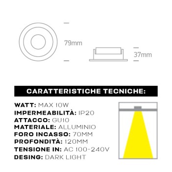 Round recessed spotlight holder with GU10 socket IP20 hole 70 mm CHILL-OUT SERIES Desing Dark Light black with gold reflector