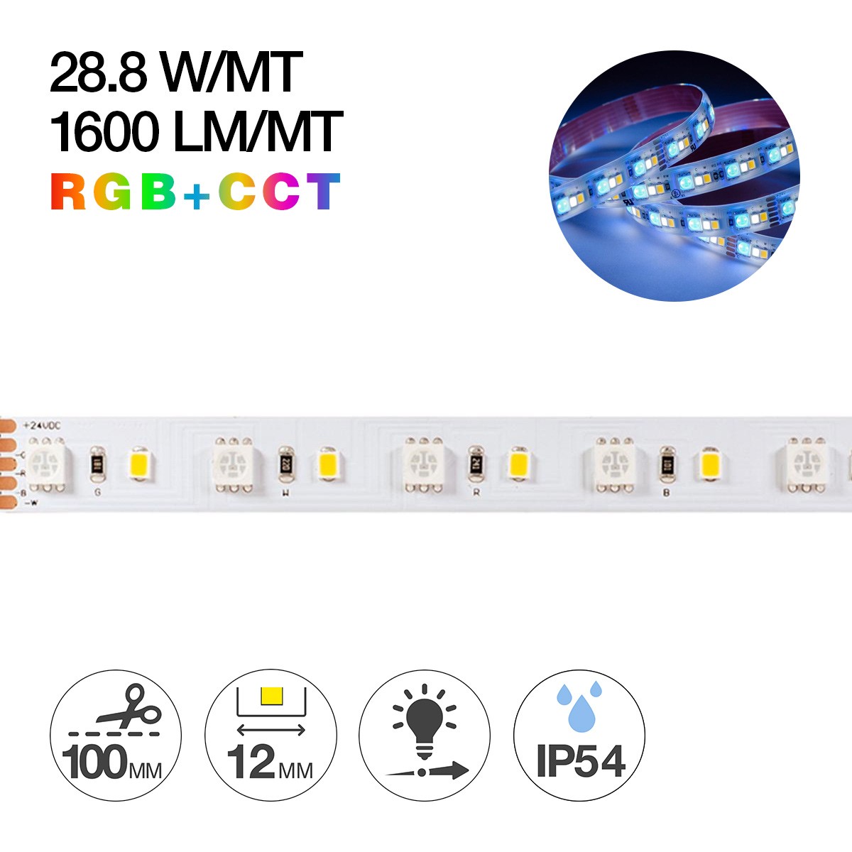 Nemlig Blueprint indendørs RGB Led Strip + CCT 144W 24V IP54 PCB 12mm 900 SMD coil en