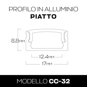 Profilo in Alluminio CC-32 per Striscia Led - Anodizzato 2mt - Kit Completo