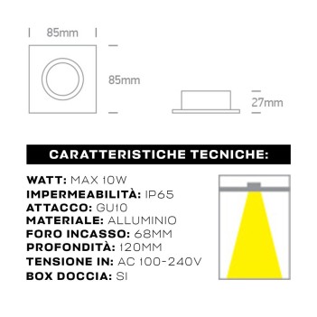 Portafaretto da Incasso quadrato impermeabile IP65 Foro 68mm