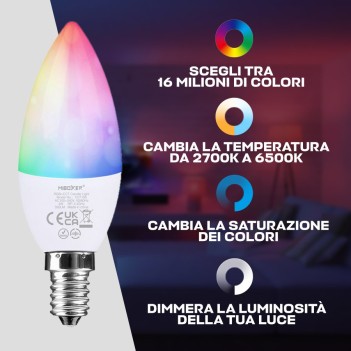 MiBoxer FUT108 | Lampadina Led RGB+CCT attacco E14 da 4W con modulo RF