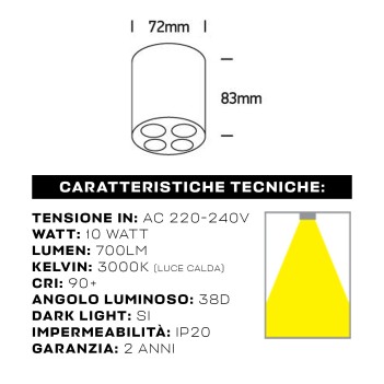 Ceiling Spotlight black 10W 3000K CYLINDER Series 83mm D72mm