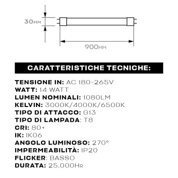 KING LED | Tubo Led T8 90cm Vetro Neon Led 14W 1080lm con attacco G13