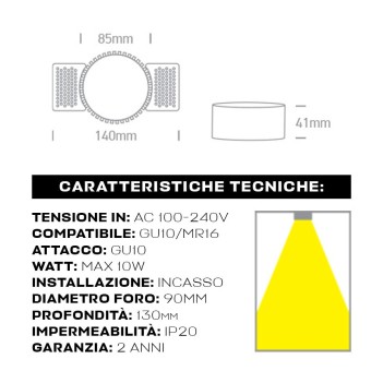 Portafaretto da incasso con attacco GU10 IP20 con foro 90mm Trimless