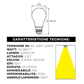 Lampadina Led Filamento E27 18W 2450 lm Diametro 70mm -