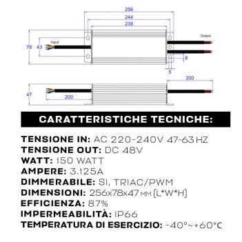 Alimentatore SCPOWER 150W 48V IP66 Dimmerabile TRIAC Taglio