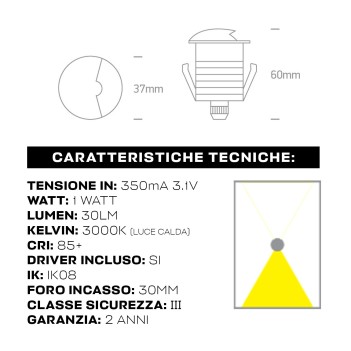 KING LED | Segnapasso led da incasso calpestabile 1W 30lm foro 30mm