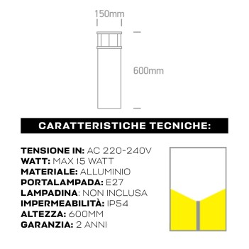 Paletto da giardino con attacco E27 alto 60cm in alluminio naturale