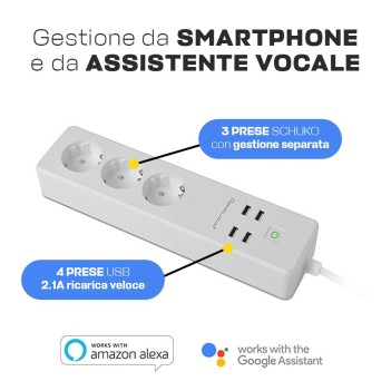 Multi-Socket Smart WiFi 16A 3x Schuko + 4x USB - Compatible with Alexa