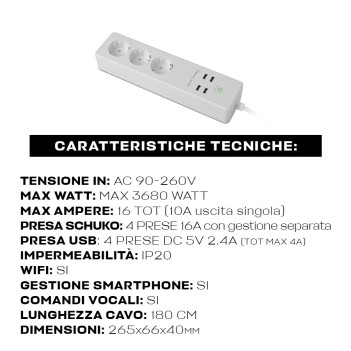 Multi-Socket Smart WiFi 16A 3x Schuko + 4x USB - Compatible with Alexa