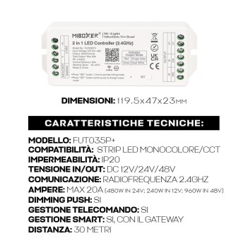 MiBoxer Mi Light FUT035S+ Ricevitore RF 20A per Strip Led