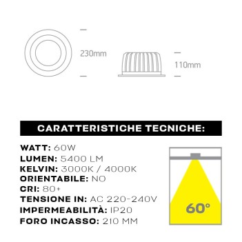 KING LED | Downlight plafoniera da Incasso 60W 5400lm IP20 60D