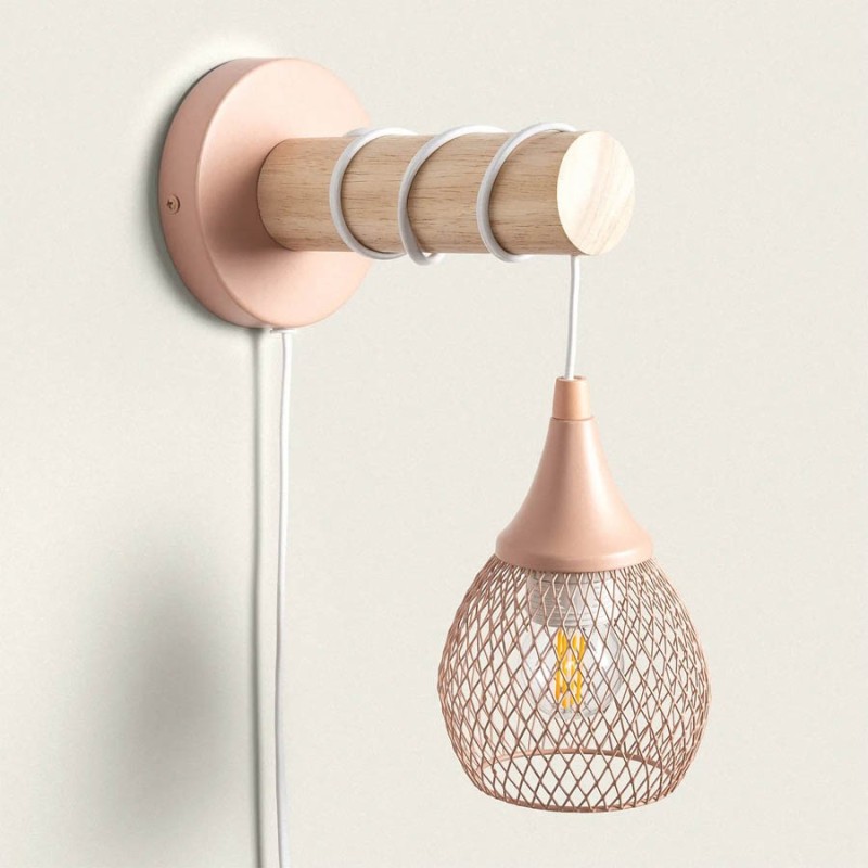 Led wall lamp Series WOOD E27 socket - Pink metal and wood wall lamp en