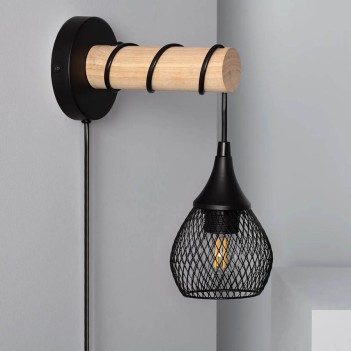 Led wall lamp Series WOOD E27 socket - Black metal and wood wall lamp en