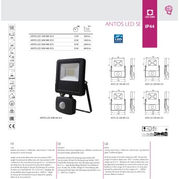 Outdoor LED Floodlight Black 20W 1600lm IP44 with Motion Sensor and Twilight ANTOS-SE-20