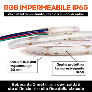 Striscia Led impermeabile COB RGB 75W 24V IP65 PCB 10mm Chip Led Continua