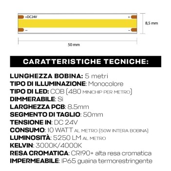 Striscia Led COB CRI90 50W 5250lm 24V IP65-TR PCB 8.5mm