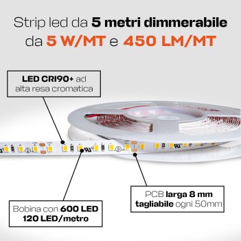 Striscia Led 25W 2250lm 24V IP20 PCB 8mm bobina da 600 SMD