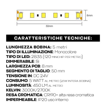 Striscia Led 25W 2250lm 24V IP20 PCB 8mm bobina da 600 SMD