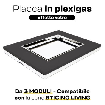 PLACCA 3 MODULI PLEXI ACCIAIO SCURO Compatibile BTICINO