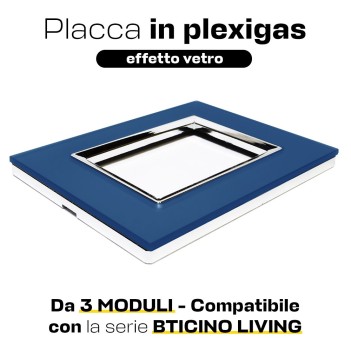PLACCA 3 MODULI PLEXI BLU CAPRI Compatibile BTICINO LIVING