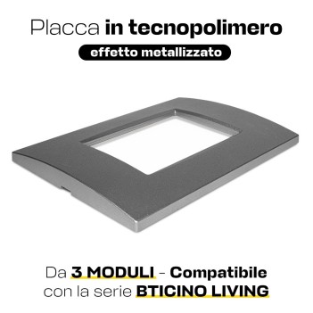 Placca cornice 3 Moduli Titanio Quadra Compatibile BTICINO LIVING en