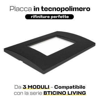 Placca cornice 3 Moduli Nero Quadra Compatibile BTICINO