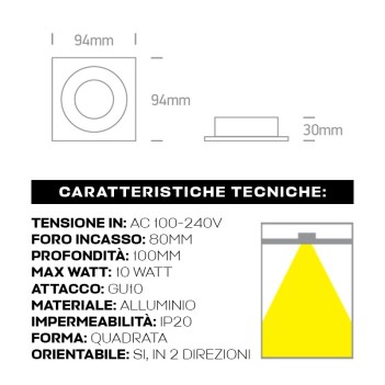 Portafaretto da incasso con attacco GU10 IP20 con foro 80