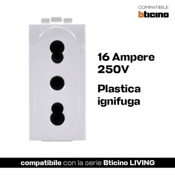2P+E 10/16A Bivalent Bipass Socket White T1 - Bticino Living Compatible en