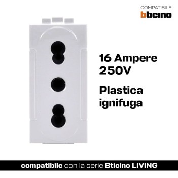 Presa Bivalente Bipasso 10/16A 250V bianca compatibile Bticino Living