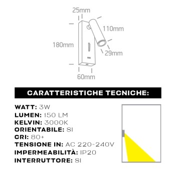 Lampada Led Applique zona notte 3W 150lm Nera con