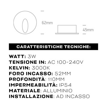Segnapasso LED da incasso impermeabile 3W 3000K 220V IP54 Anodizzato