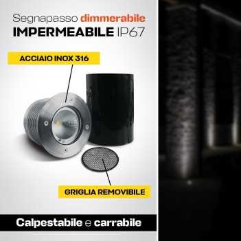 Segnapasso rotondo da incasso impermeabile IP67 in acciaio inox.