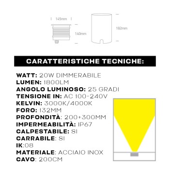 Segnapasso rotondo da incasso impermeabile IP67 in acciaio inox.