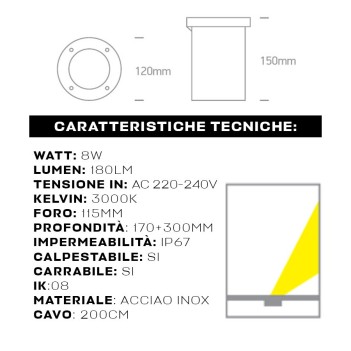 Segnapasso 3W 24V in acciao inox dimmerabile calpestabile e carrabile