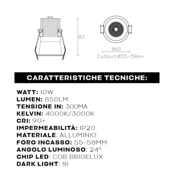 KING LED | Puntoluce Led 10W 24D DC 300MA da Incasso con led COB