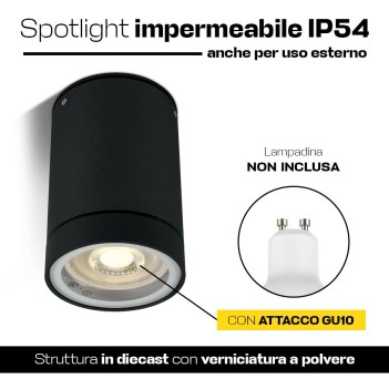 Faretto cilindrico con attacco GU10 impermeabile IP54 colore nero