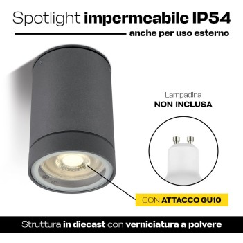 Faretto cilindrico con attacco GU10 impermeabile IP54 colore antracite