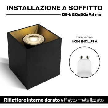 Faretto quadrato con attacco GU10 colore nero riflettore dorato