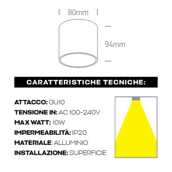 Ceiling Spotlight with GU10 Connection IP20 Cylinder Series 94mm D80mm Spotlight Colour White