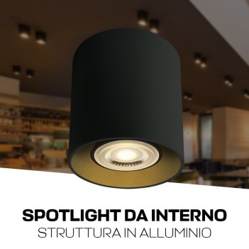 Spotlight cilindrico con attacco GU10 colore nero riflettore dorato