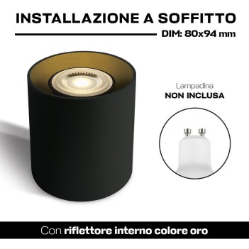 Spotlight cilindrico con attacco GU10 colore nero riflettore dorato