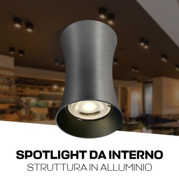 Spotlight cilindrico con GU10 grigio metallizzato riflettore nero